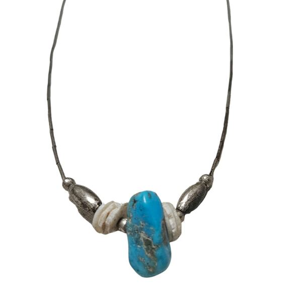 1970s Sterling Silver Liquid + Shell Beads + Turquoise Stone Necklace - Picture 3 of 6